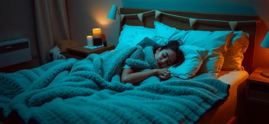 A cozy bedroom scene with a person peacefully sleeping on a bed covered by a soft, plush weighted blanket, warm ambient lighting, and a calm atmosphere