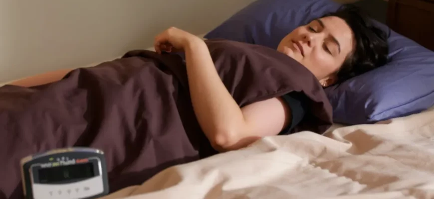 A cozy bedroom scene featuring a person lying on a weighted blanket, with a scale or a weight chart nearby, showing the blanket's weight in pounds or kilograms. The blanket should be plush, with a subtle pattern, and the room should have soft lighting.