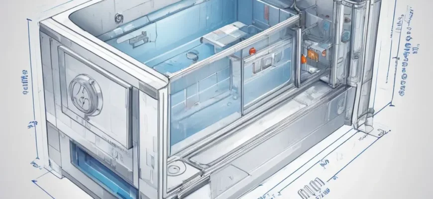 A detailed illustration of a cold plunge tub blueprint, showing a sleek rectangular tub filled with icy water, cross-sectional view revealing insulation layers, a temperature gauge, and visual icons representing material sourcing such as metal, plastic, and eco-friendly components, all rendered in a clean technical drawing style on a neutral background