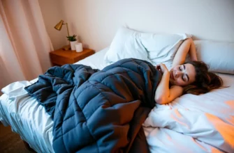 A cozy bedroom scene with a person lying on a bed, wearing a weighted blanket, looking relaxed and comfortable, soft warm lighting, a calm atmosphere, no text or logos