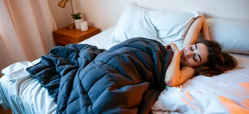 A cozy bedroom scene with a person lying on a bed, wearing a weighted blanket, looking relaxed and comfortable, soft warm lighting, a calm atmosphere, no text or logos
