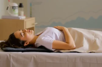 A person lying peacefully on a weighted blanket in a calm, clinical setting, with subtle scientific elements such as a research chart or data overlay in the background, conveying relaxation and comfort