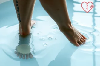 A person stepping into a clear, icy cold plunge pool with visible water droplets, a subtle reflection of a calm environment, a thermometer indicating low temperature, and a faint heart or medical symbol in the background to represent health benefits