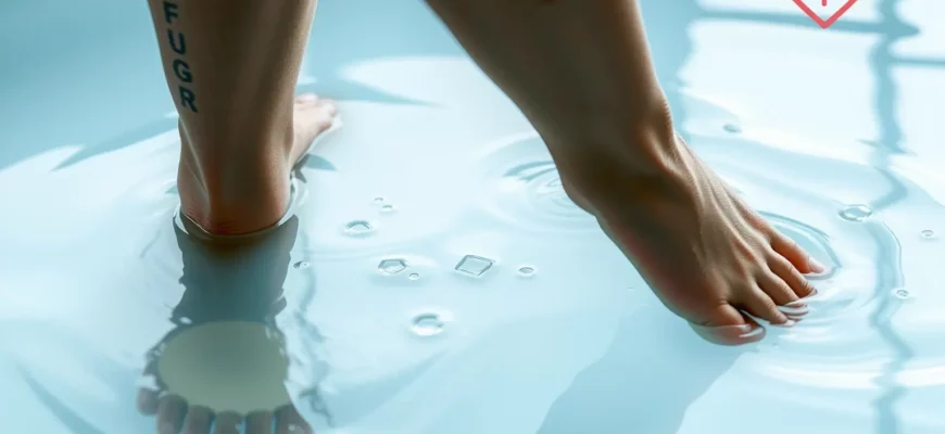 A person stepping into a clear, icy cold plunge pool with visible water droplets, a subtle reflection of a calm environment, a thermometer indicating low temperature, and a faint heart or medical symbol in the background to represent health benefits