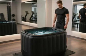 An inflatable cold plunge tub set up in a professional recovery studio, featuring a sleek matte black tub partially filled with crystal clear cold water, a professional athlete in athletic gear standing beside it, subtle ambient lighting, and a modern gym environment in the background