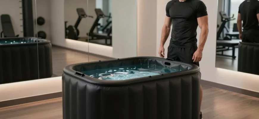 An inflatable cold plunge tub set up in a professional recovery studio, featuring a sleek matte black tub partially filled with crystal clear cold water, a professional athlete in athletic gear standing beside it, subtle ambient lighting, and a modern gym environment in the background