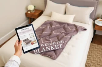 A cozy bedroom setting featuring a Home Goods weighted blanket draped over a bed, with a hand holding a product catalog or a tablet showing the blanket's features, and a small side table with a cup of tea