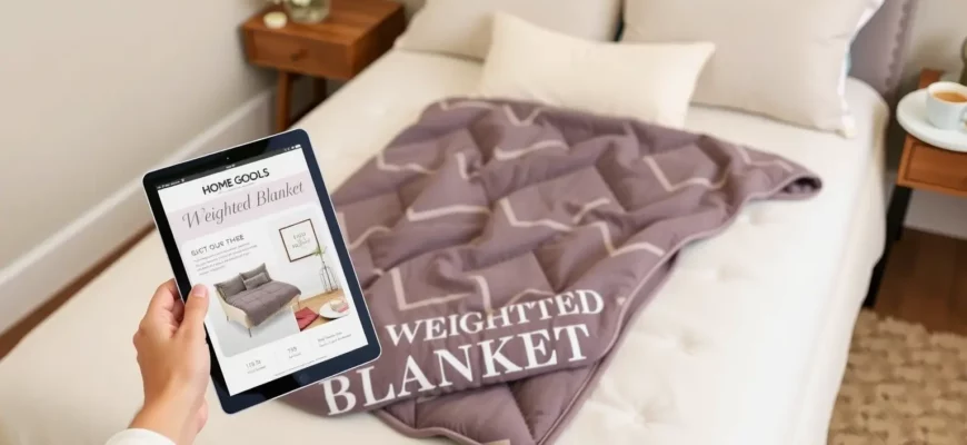 A cozy bedroom setting featuring a Home Goods weighted blanket draped over a bed, with a hand holding a product catalog or a tablet showing the blanket's features, and a small side table with a cup of tea