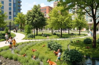 A vibrant urban park scene at Ballston Quarter and B, featuring native trees, shrubs, and small wildlife such as birds and squirrels, with people walking, jogging, and children playing, all integrated into a green, rewilded environment with natural pathways and water features