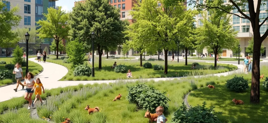 A vibrant urban park scene at Ballston Quarter and B, featuring native trees, shrubs, and small wildlife such as birds and squirrels, with people walking, jogging, and children playing, all integrated into a green, rewilded environment with natural pathways and water features