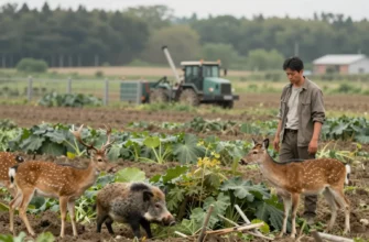 A realistic farm landscape showing a contrast between cultivated fields and encroaching wild nature: a farmer looking concerned as wildlife (deer, boars, overgrown vegetation) intrudes onto crops, broken fences, damaged equipment, and a distant forest reclaiming the land, emphasizing the hidden economic and practical costs of rewilding on agriculture