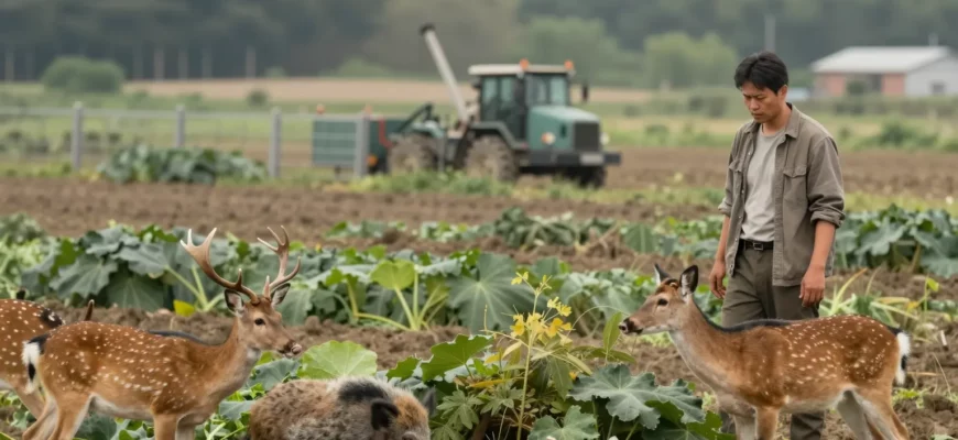 A realistic farm landscape showing a contrast between cultivated fields and encroaching wild nature: a farmer looking concerned as wildlife (deer, boars, overgrown vegetation) intrudes onto crops, broken fences, damaged equipment, and a distant forest reclaiming the land, emphasizing the hidden economic and practical costs of rewilding on agriculture