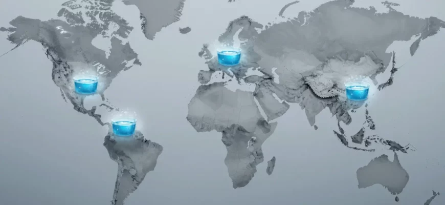 A detailed world map highlighting popular cold plunge locations, with blue icy water icons or stylized ice bath symbols placed on various continents, a subtle frosty glow around each spot, and a faint background of a chilly, misty atmosphere suggesting cold temperatures, without any text or labels.