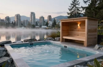 A serene outdoor scene in Vancouver showing a modern cold plunge pool beside a wooden sauna, with the city skyline and mountains in the background, misty water, natural stone and pine trees surrounding the facilities, early morning light reflecting on the water
