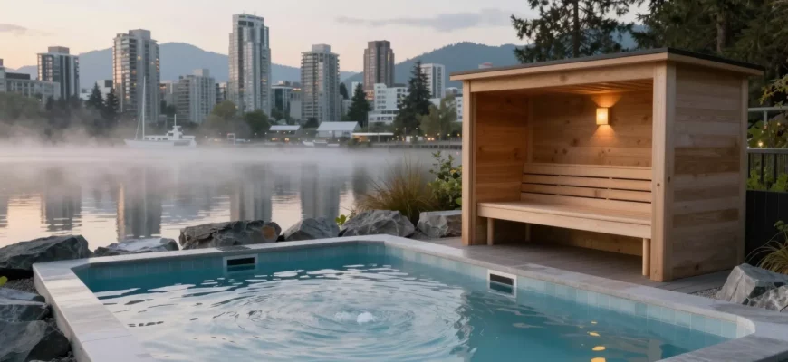 A serene outdoor scene in Vancouver showing a modern cold plunge pool beside a wooden sauna, with the city skyline and mountains in the background, misty water, natural stone and pine trees surrounding the facilities, early morning light reflecting on the water