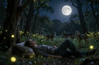 A serene nighttime scene showing a person gently lying in a lush, moonlit forest clearing, surrounded by softly glowing fireflies and subtle silhouettes of wild animals like wolves, owls, and deer. The person appears relaxed, eyes closed, as if drifting into sleep, embodying a reconnection with primal nature. The sky is filled with stars and a luminous full moon, casting a gentle silver light over the scene, emphasizing a peaceful, rewilded bedtime atmosphere.