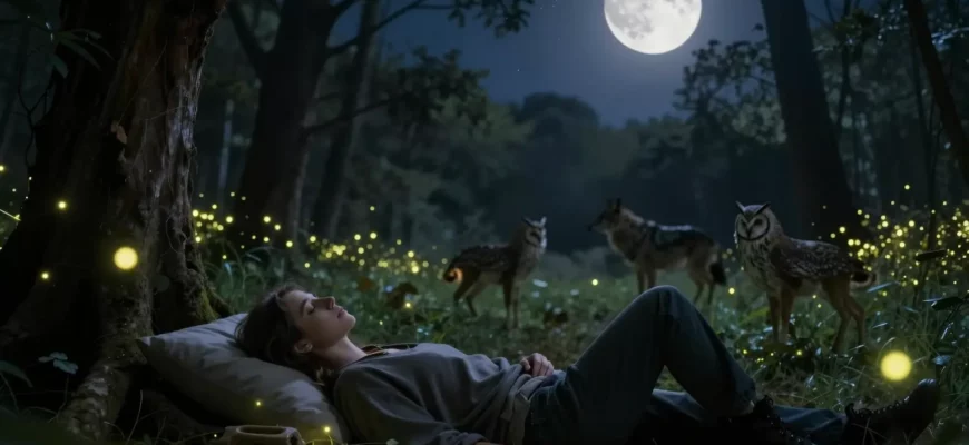 A serene nighttime scene showing a person gently lying in a lush, moonlit forest clearing, surrounded by softly glowing fireflies and subtle silhouettes of wild animals like wolves, owls, and deer. The person appears relaxed, eyes closed, as if drifting into sleep, embodying a reconnection with primal nature. The sky is filled with stars and a luminous full moon, casting a gentle silver light over the scene, emphasizing a peaceful, rewilded bedtime atmosphere.
