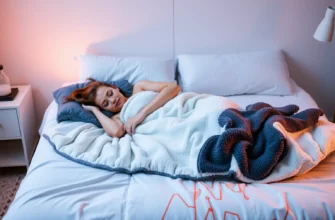 A serene bedroom scene featuring a person lying peacefully on a plush, evenly weighted blanket with a distinctive design, soft ambient lighting, and subtle scientific elements such as faint diagrams or lab equipment in the background to convey innovation and comfort.