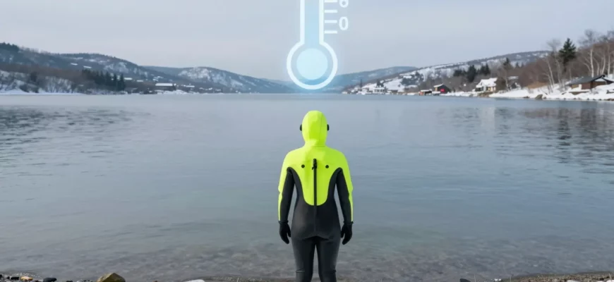A person in a bright wetsuit standing on a snowy shoreline, looking at a clear icy lake with a subtle frost overlay, a faint thermometer icon integrated into the scene showing a safe temperature range, surrounding winter landscape with gentle waves and distant snow-capped hills, emphasizing the concept of a safe polar plunge without any text or symbols