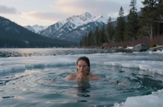 A serene scene of a person taking a cold plunge in the clear, icy waters of Coeur d'Alene Lake, surrounded by the beautiful natural landscape of the area. The person is fully immersed in the water, with a calm and focused expression. The background features snow-capped mountains and evergreen trees, with a hint of morning sunlight breaking through the clouds. The overall atmosphere is peaceful and invigorating.