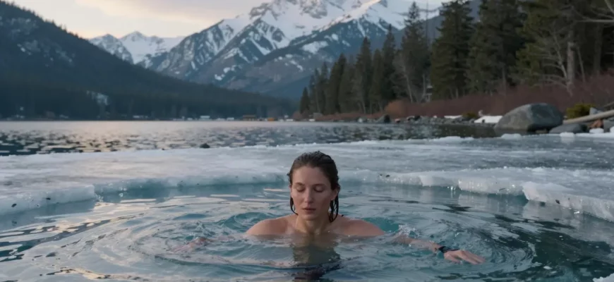 A serene scene of a person taking a cold plunge in the clear, icy waters of Coeur d'Alene Lake, surrounded by the beautiful natural landscape of the area. The person is fully immersed in the water, with a calm and focused expression. The background features snow-capped mountains and evergreen trees, with a hint of morning sunlight breaking through the clouds. The overall atmosphere is peaceful and invigorating.