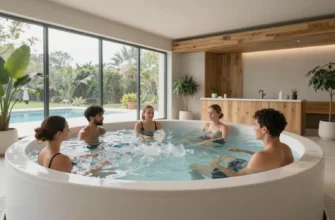 A modern, minimalist cold plunge studio interior with a large, sleek cold plunge tub filled with clear, icy water. The studio is well-lit with natural light streaming in from large windows, and there are wooden accents and green plants adding a touch of warmth to the space. A few people are seen enjoying the cold plunge, with expressions of relaxation and invigoration. The overall atmosphere is serene and rejuvenating.