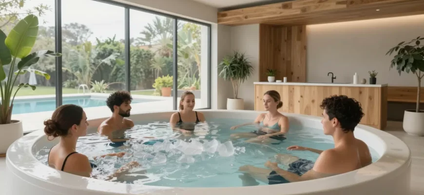 A modern, minimalist cold plunge studio interior with a large, sleek cold plunge tub filled with clear, icy water. The studio is well-lit with natural light streaming in from large windows, and there are wooden accents and green plants adding a touch of warmth to the space. A few people are seen enjoying the cold plunge, with expressions of relaxation and invigoration. The overall atmosphere is serene and rejuvenating.