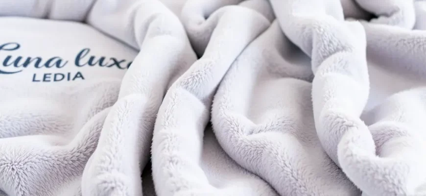 A luxurious, close-up shot of a Luna Luxe weighted blanket draped over a comfortable bed with soft, inviting pillows. The blanket should have a subtle, textured appearance and a calming color palette (e.g., soft grey, lavender, or deep blue). Focus on the plushness and quality of the blanket.