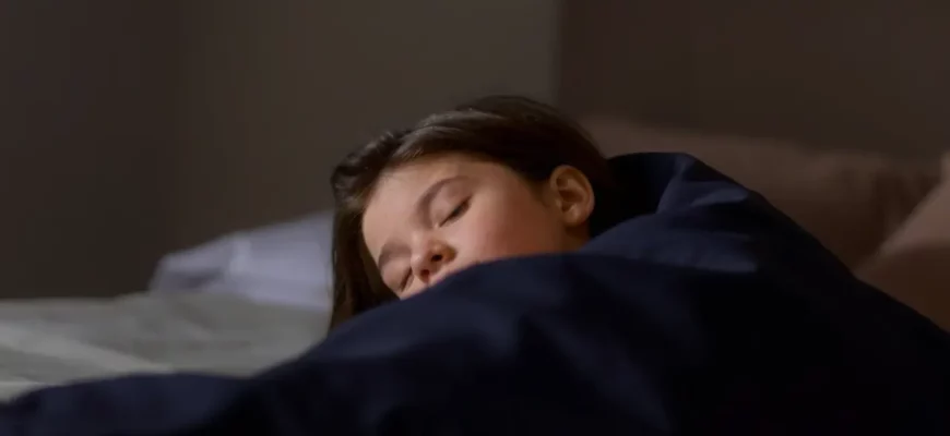 A child peacefully sleeping under a weighted blanket in a softly lit bedroom. The room is calming and uncluttered, with muted colors. Focus on the child's relaxed expression and the comforting presence of the blanket.