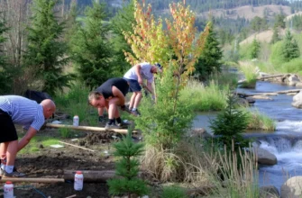 A vibrant, realistic scene showing a diverse group of people planting native trees and restoring a lush, thriving natural landscape with flowing river and abundant wildlife, emphasizing community collaboration and ecological renewal