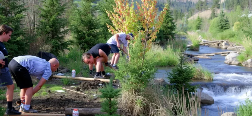 A vibrant, realistic scene showing a diverse group of people planting native trees and restoring a lush, thriving natural landscape with flowing river and abundant wildlife, emphasizing community collaboration and ecological renewal