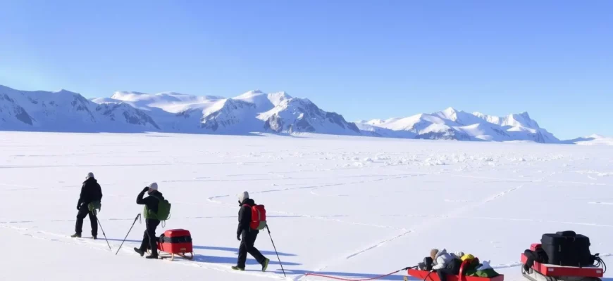 A breathtaking landscape of Antarctica, showcasing the vast icy plains, towering glaciers, and the stark beauty of the polar environment. Include a group of explorers dressed in full cold-weather gear, trekking across the snow with sleds and equipment, capturing the spirit of adventure and resilience. The sky should be clear with a hint of the aurora australis in the distance, adding a touch of natural wonder.