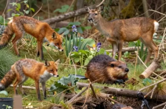 A vibrant image depicting a rewilding project in a temperate forest. Show diverse wildlife – deer grazing, foxes hunting, birds soaring, and a beaver building a dam. Include native plants and trees, showcasing the restoration of the ecosystem. A small community garden is visible in the foreground, integrated with the natural landscape.