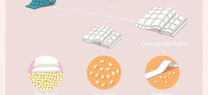 A detailed illustration showcasing the evolution of weighted blanket design. Start with a very early, simple blanket with visible stitching and minimal weight distribution. Progress through several iterations, showing increasing complexity in the stitching patterns, the materials used (e.g., cotton, wool, synthetic fibers), and the weight distribution techniques (e.g., evenly distributed beads, quilted patterns). The final image depicts a modern, high-quality weighted blanket with a sophisticate