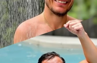 A split image. On the left, a person standing under a gentle, misty rain shower, looking relaxed and content. On the right, a person submerged in a cold plunge pool, with a slightly surprised but determined expression. Both are outdoors, with a blurred background suggesting a natural setting (e.g., a garden or a forest).