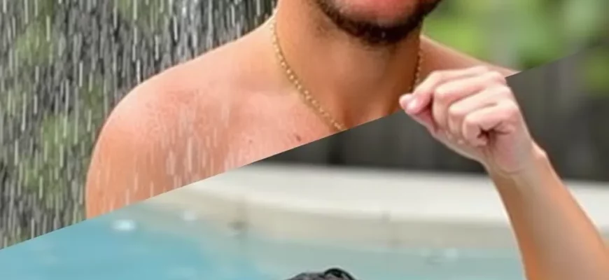 A split image. On the left, a person standing under a gentle, misty rain shower, looking relaxed and content. On the right, a person submerged in a cold plunge pool, with a slightly surprised but determined expression. Both are outdoors, with a blurred background suggesting a natural setting (e.g., a garden or a forest).