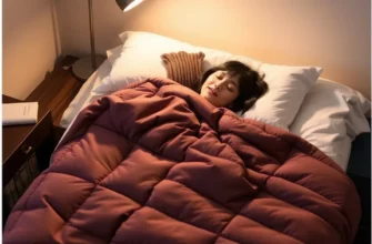 A cozy bedroom scene with a person comfortably sleeping under a 20 lb twin weighted blanket. Soft lighting, a nightstand with a book, and a calming atmosphere.