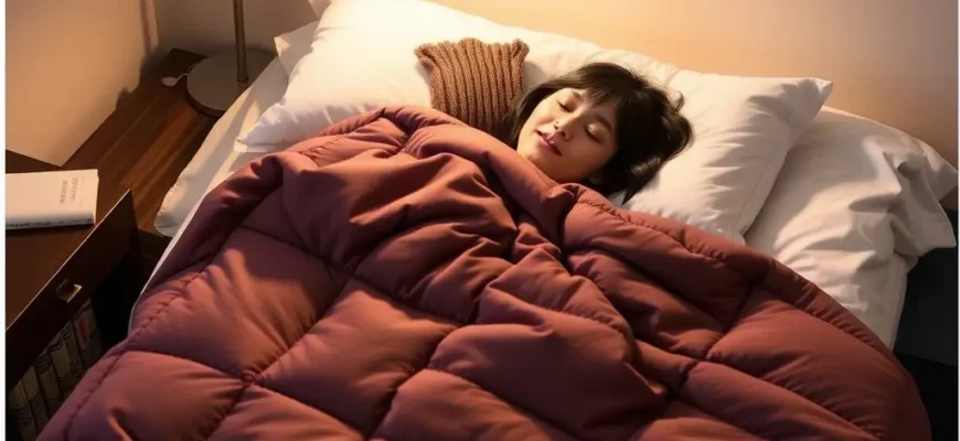 A cozy bedroom scene with a person comfortably sleeping under a 20 lb twin weighted blanket. Soft lighting, a nightstand with a book, and a calming atmosphere.