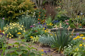 A vibrant garden scene showcasing various native plants and wildlife, inspired by Frances Tophill's guide to rewilding. The image should include a variety of flowers, shrubs, and trees that attract local birds, bees, and butterflies. The garden should appear lush and natural, with a mix of colors and textures. A small pond or water feature could be included to enhance biodiversity. The scene should evoke a sense of tranquility and harmony with nature.
