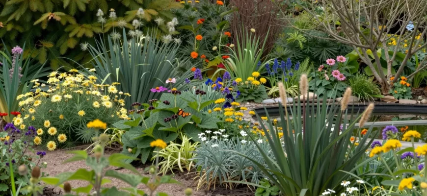 A vibrant garden scene showcasing various native plants and wildlife, inspired by Frances Tophill's guide to rewilding. The image should include a variety of flowers, shrubs, and trees that attract local birds, bees, and butterflies. The garden should appear lush and natural, with a mix of colors and textures. A small pond or water feature could be included to enhance biodiversity. The scene should evoke a sense of tranquility and harmony with nature.