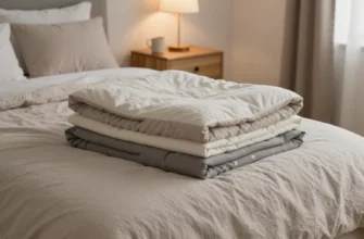 A cozy, softly lit bedroom scene featuring a neatly folded 15‑lb weighted blanket draped over a plush bed with a subtle hint of a calm, relaxed atmosphere; include a small stack of other weighted blankets of varying colors and textures on a nearby nightstand, a warm lamp glow, and a gentle, inviting vibe without any text or logos.