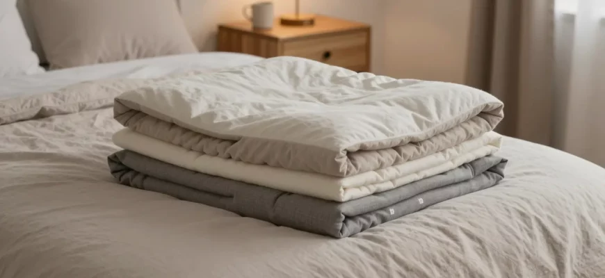 A cozy, softly lit bedroom scene featuring a neatly folded 15‑lb weighted blanket draped over a plush bed with a subtle hint of a calm, relaxed atmosphere; include a small stack of other weighted blankets of varying colors and textures on a nearby nightstand, a warm lamp glow, and a gentle, inviting vibe without any text or logos.