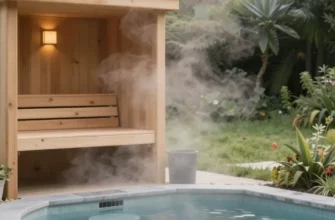 A serene outdoor scene of a modern sauna and a cold plunge pool nestled in a lush green landscape near Chesterbrook. Steam gently rises from the sauna, and the pool reflects the surrounding trees. Soft, natural light illuminates the scene.