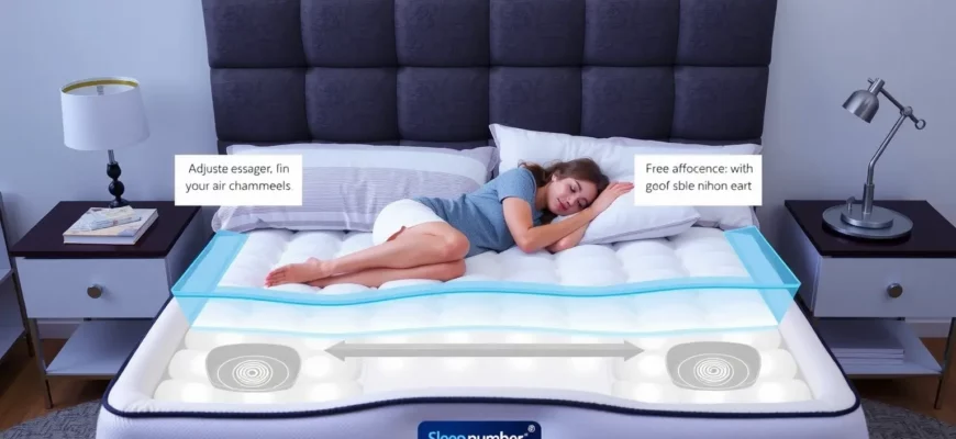 A person comfortably sleeping in a Sleep Number bed, with adjustable air chambers visibly depicted. The room is modern and minimalist, with soft lighting. Focus on the comfort and technology of the bed.