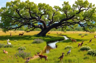 A vibrant, thriving rewilded landscape centered around a majestic, ancient Isabella tree with sprawling branches and lush green leaves. The scene includes a mosaic of native plants, wildflowers, and grasses, with a variety of wildlife such as deer, birds, and insects moving freely. A gentle river winds through the meadow, reflecting the sky, and distant rolling hills rise in the background, all bathed in natural daylight, conveying the restoration of a natural ecosystem.