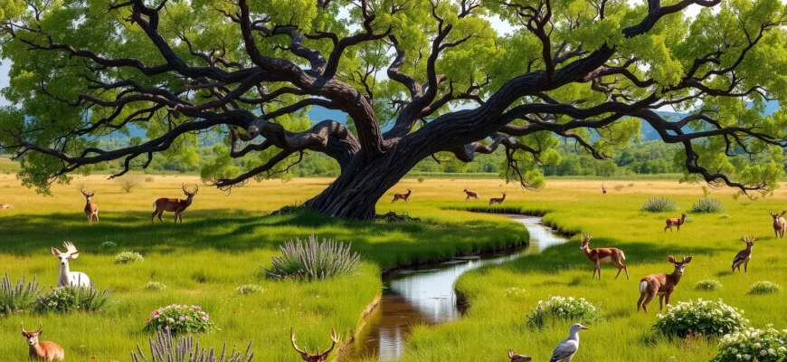 A vibrant, thriving rewilded landscape centered around a majestic, ancient Isabella tree with sprawling branches and lush green leaves. The scene includes a mosaic of native plants, wildflowers, and grasses, with a variety of wildlife such as deer, birds, and insects moving freely. A gentle river winds through the meadow, reflecting the sky, and distant rolling hills rise in the background, all bathed in natural daylight, conveying the restoration of a natural ecosystem.