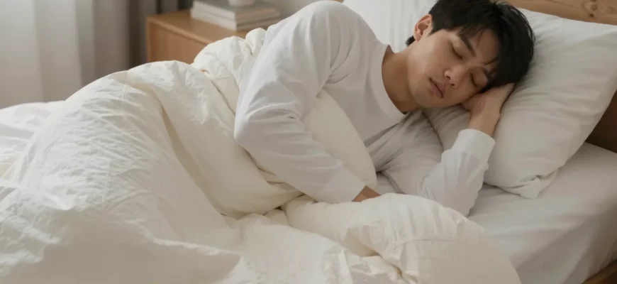 A person sleeping peacefully under a Lagraty weighted blanket in a cozy bedroom. Soft lighting, comfortable atmosphere. Focus on the blanket's texture and how it contours to the body.