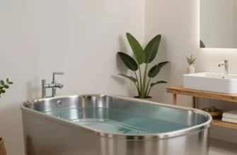 A brightly lit, modern bathroom with a sleek, stainless steel cold plunge tub as the focal point. The tub should be surrounded by minimalist decor, including a wooden bench and some plants. Soft, diffused lighting should create a calming atmosphere.