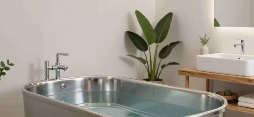 A brightly lit, modern bathroom with a sleek, stainless steel cold plunge tub as the focal point. The tub should be surrounded by minimalist decor, including a wooden bench and some plants. Soft, diffused lighting should create a calming atmosphere.
