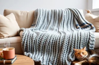 A cozy, high‑quality knitted weighted blanket draped over a comfortable sofa in a softly lit living room, showcasing the thick, textured yarn and subtle stitching details; a steaming mug of tea and a relaxed cat lie nearby, emphasizing comfort and warmth without any text or logos